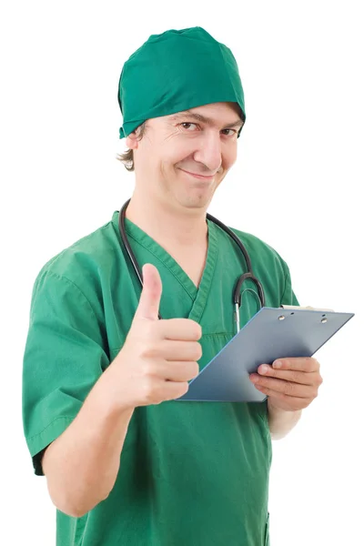 Glücklich männliche Krankenschwester zeigt Daumen hoch, isoliert — Stockfoto