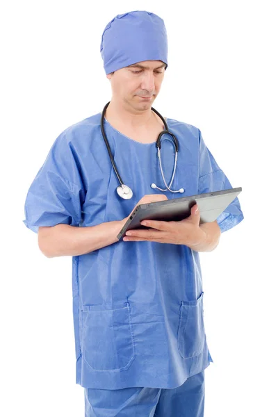 白い背景の上のタブレットで男性医師 ストック画像