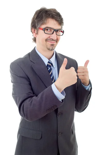 Homem de negócios indo polegar para cima, isolado em branco — Fotografia de Stock