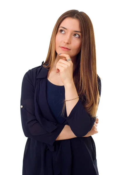 Giovane bella donna pensante, isolata in bianco — Foto Stock