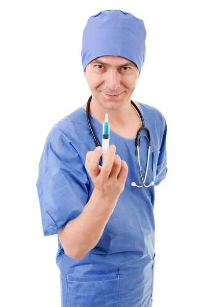 Krankenhausarzt mit Spritze isoliert über weißem Hintergrund — Stockfoto