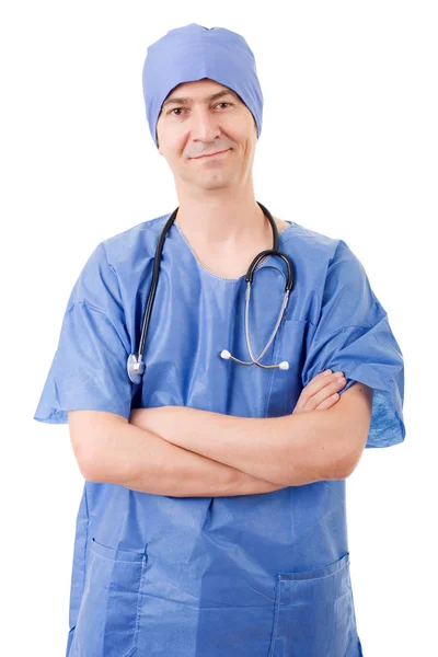Šťastný mužský lékař, izolované na bílém pozadí — Stock fotografie