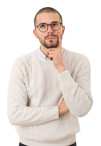 Junger, lässiger Mann denkt, isoliert auf weißem Hintergrund — Stockfoto
