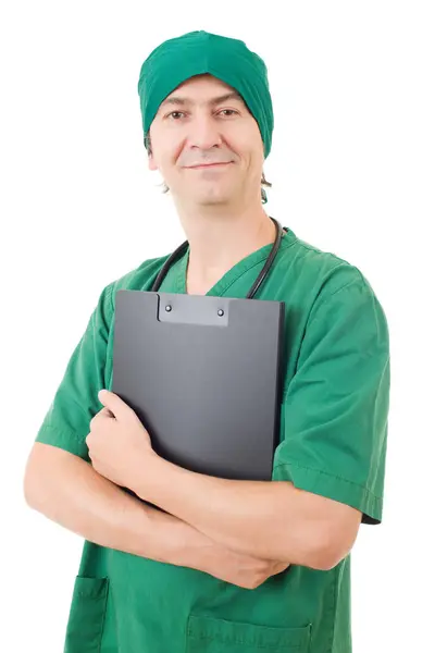 Šťastný muž zdravotní sestra, izolované na bílém pozadí — Stock fotografie