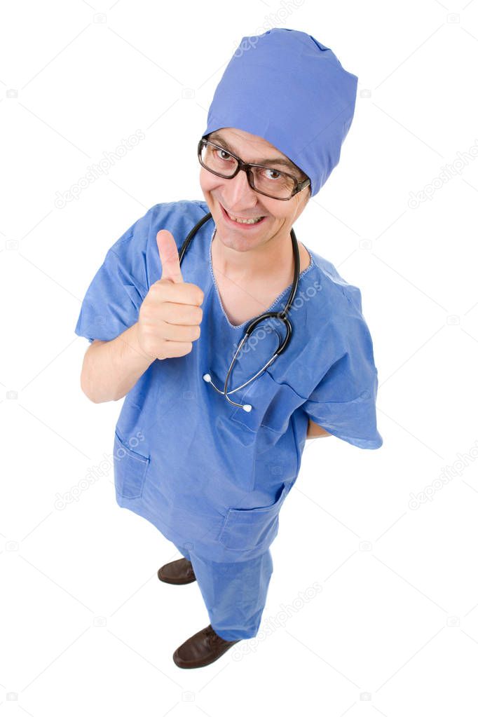 male doctor going thumb up, full length, isolated on white
