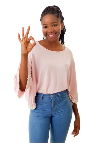 Jovem Africano mulher vencedora, isolado no fundo branco — Fotografia de Stock