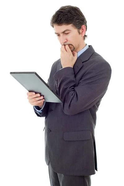 Iş adamı izole tablet pc ile düşünme — Stok fotoğraf