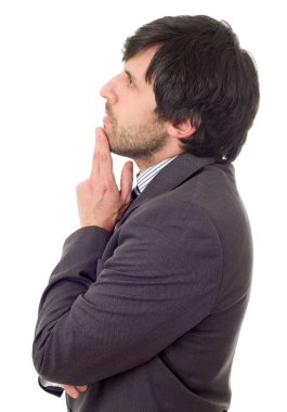 düşünme, üzerinde beyaz izole genç iş adamı