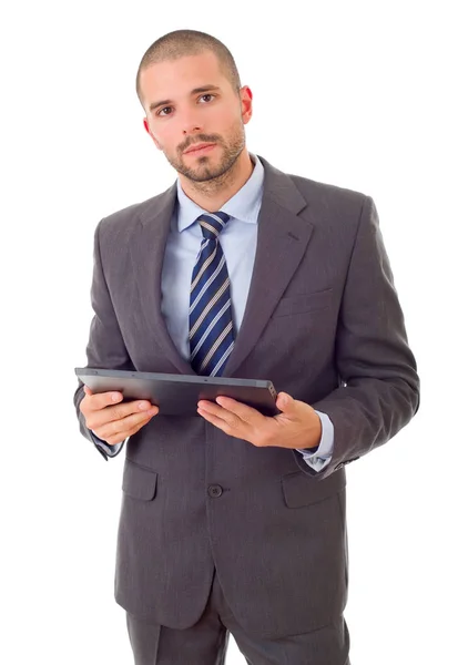 Bezorgd zakenman met een tablet pc, geïsoleerd — Stockfoto