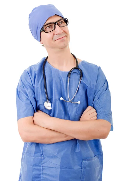 Gelukkig man dokter, geïsoleerd op witte achtergrond — Stockfoto