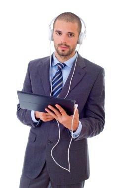 iş adamı izole bir tablet pc ile çalışma