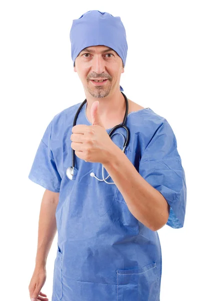 Felice medico maschio mostrando pollici in alto, isolato — Foto Stock