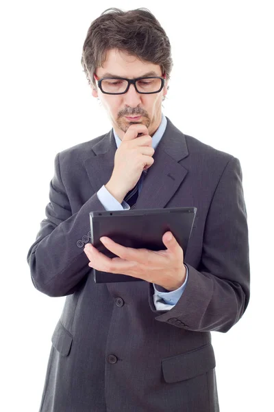 Бизнесмен с планшетным компьютером, изолированный — стоковое фото