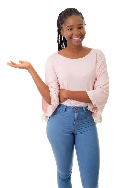 Boldog afrikai lány elszigetelt fehér háttér — Stock Fotó