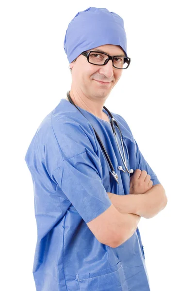 Bahagia dokter laki-laki, terisolasi pada latar belakang putih — Stok Foto