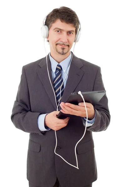 Hombre de negocios con tablet pc y auriculares, aislado — Foto de Stock