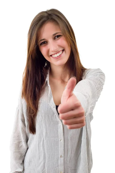 Young casual woman going thumbs up, isolated — Stock Photo, Image