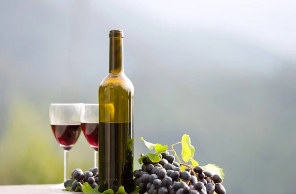 Botella de vino y uvas en mesa de madera al aire libre —  Fotos de Stock