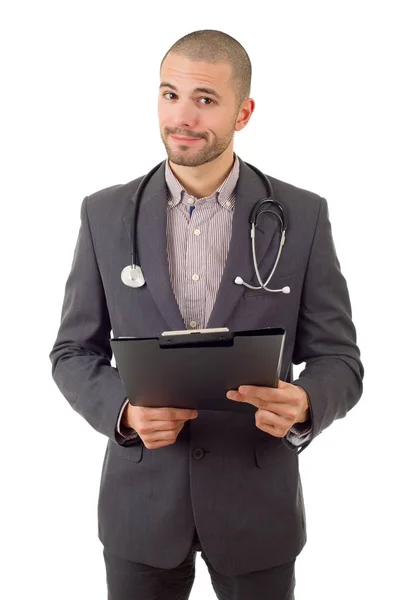 Gelukkig man dokter, geïsoleerd op witte achtergrond — Stockfoto