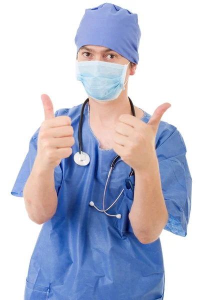 Szczęśliwy lekarz pokazuje kciuk w górę, na białym tle — Zdjęcie stockowe