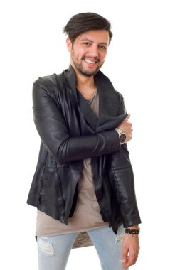 casual adam beyaz zemin üzerine izole mutlu