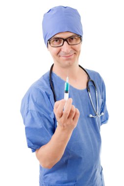 mutlu erkek doktor yalıtılmış bir şırınga