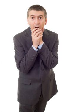 genç iş adamı sürpriz üzerinde beyaz izole