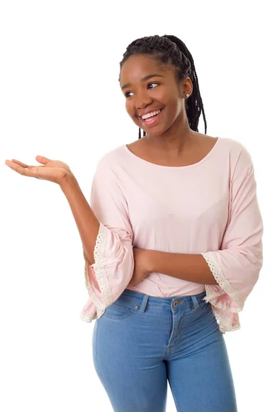 Menina africana feliz isolado no fundo branco — Fotografia de Stock