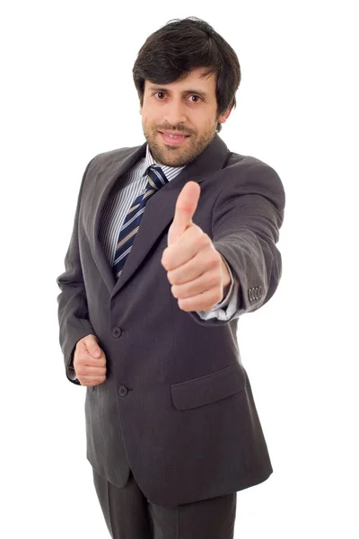 Homem de negócios feliz indo polegar para cima, isolado em branco — Fotografia de Stock