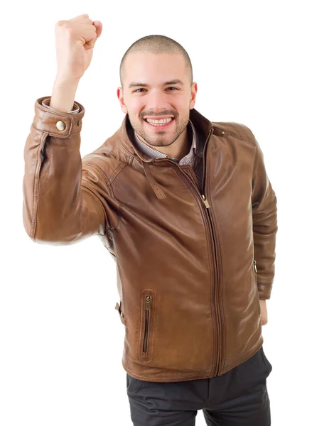 Joven feliz ganando, aislado en blanco —  Fotos de Stock