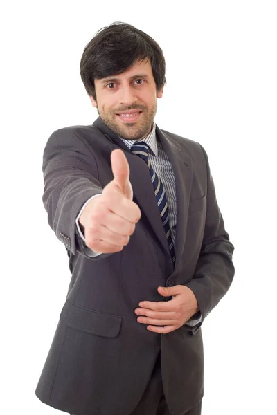 Homem de negócios feliz indo polegar para cima, isolado em branco — Fotografia de Stock