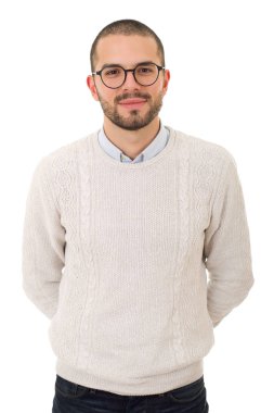 casual adam beyaz zemin üzerine izole mutlu