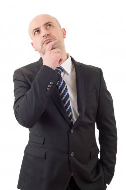 düşünme, üzerinde beyaz izole genç iş adamı