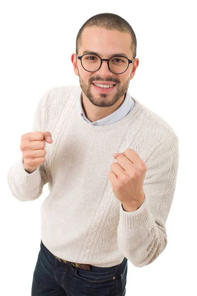 Felice giovane uomo che vince a braccia aperte, isolato — Foto Stock