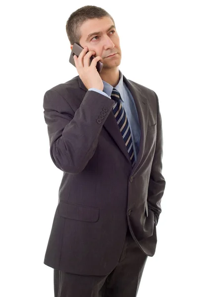 Zmartwiony biznesmen przez telefon, odizolowany — Zdjęcie stockowe