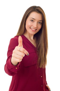 Genç casual kadın başparmak yukarıya, izole üzerinde beyaz arka plan