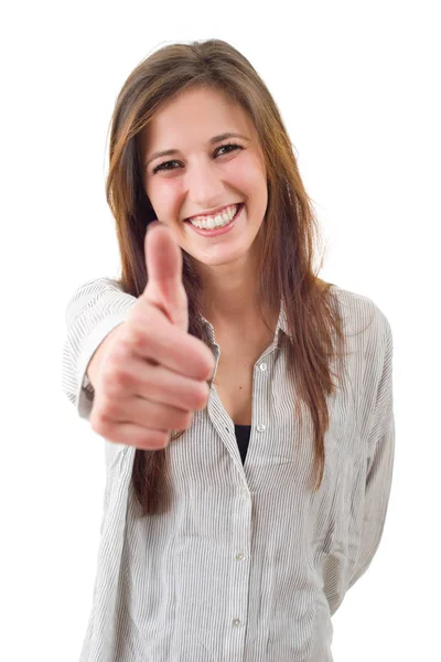 Casual jongedame gaan duimschroef opwaarts, geïsoleerd — Stockfoto