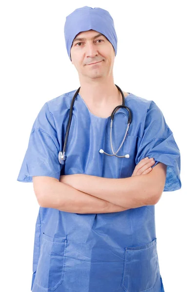 Gelukkig man dokter, geïsoleerd op witte achtergrond — Stockfoto