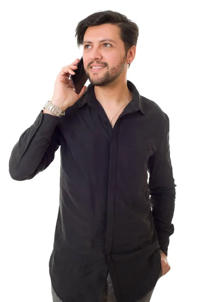 Fiatal alkalmi boldog ember a telefont, elszigetelt — Stock Fotó