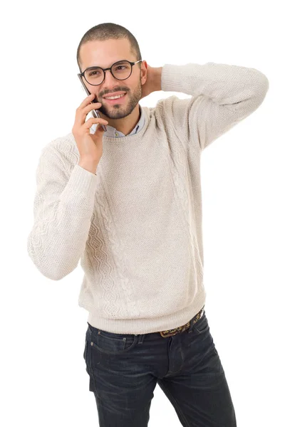 Jeune homme heureux occasionnel au téléphone, isolé — Photo