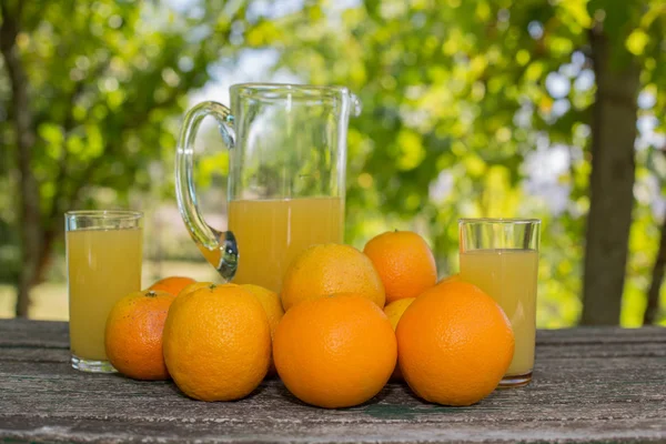 Suco de laranja e laranjas na mesa no jardim — Fotografia de Stock