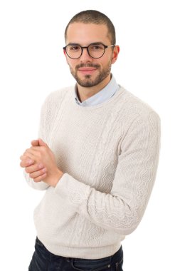 casual adam beyaz zemin üzerine izole mutlu