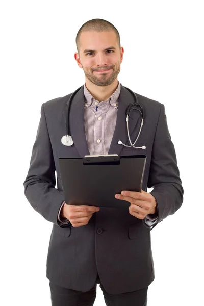 Gelukkig man dokter, geïsoleerd op witte achtergrond — Stockfoto