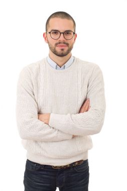 casual adam beyaz zemin üzerine izole mutlu