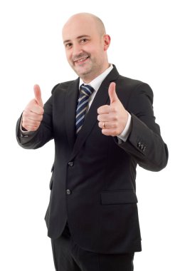 mutlu iş adam gidiyor başparmak yukarı, izole üzerinde beyaz