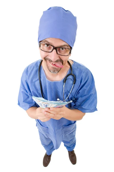 Silly male doctor full length with money, isolated — Stock Photo, Image