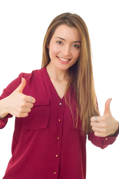 Young casual woman going thumbs up, isolated — Stock Photo, Image