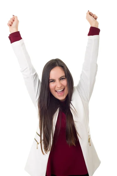 Happy business woman winning isolated — Stock Photo, Image