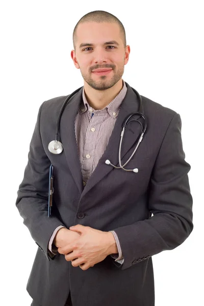 Щасливий чоловік лікар, ізольований на білому тлі — стокове фото