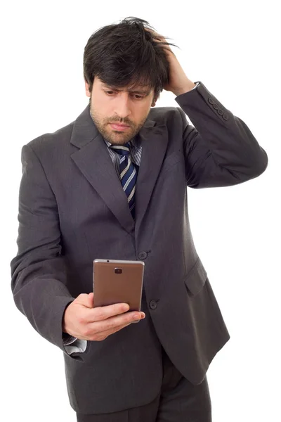 Besorgter Geschäftsmann am Telefon, isoliert — Stockfoto